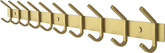 Brushed Gold Wall Mounted Coat Rack – 30 Inch Stainless Steel Rail with 10 Double Coat Hooks for Entryway, Bathroom, Bedroom, Kitchen – Modern Gold Hook Rack for Coats, Hats, Towels-NeatNest