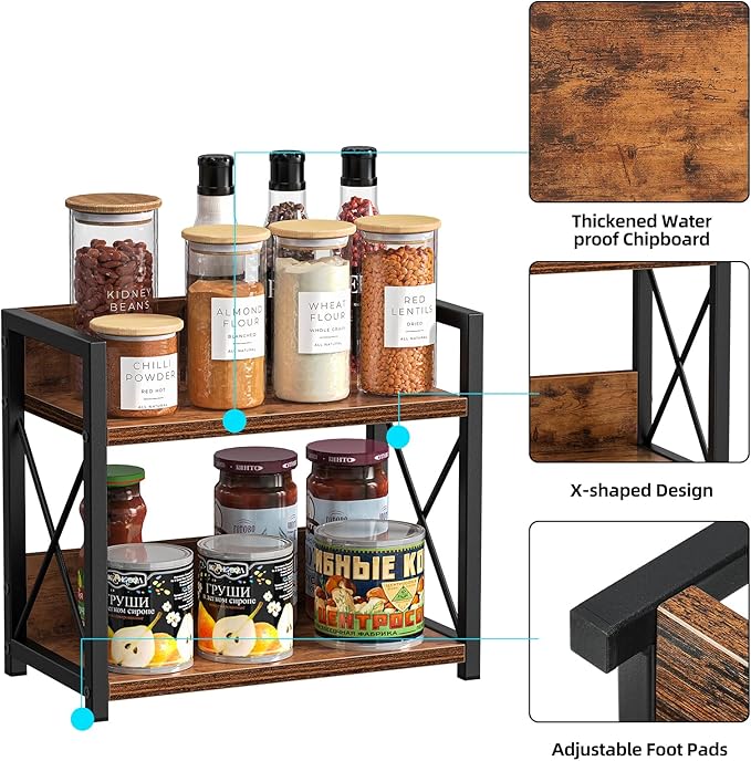 Giikin Countertop Shelf Organizer, 2 Tier Kitchen Spice Rack for Countertop, Wood Coffee Counter Shelf Organizer for Home (Brown, S)-NeatNest