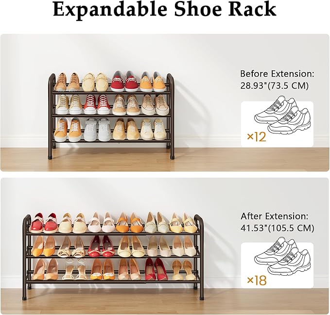 3 Tier Shoe Organizer, Shoe Rack for Closet, 28“ Metal Shelf Can Expandable to 42“, for Bedroom, Entryway, Closet, Garage, Adjustable to 18 Pairs Shoes, Brown-NeatNest