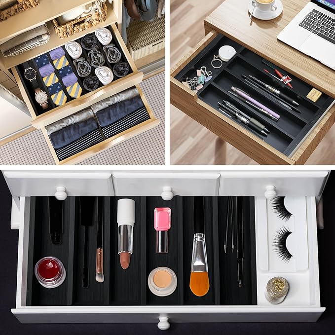 Expandable Bamboo Kitchen Drawer Organizer Utensil Tray Black Wood Silverware Organizer Adjustable Wooden Cutlery Tray for Fork Spoon Organizer Large Cooking Utensil Holder Drawer Flatware Organizer-NeatNest