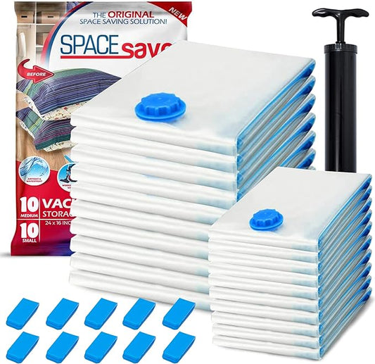 20 Pack Variety Vacuum Storage Bags for Comforters, Blankets & Clothes – Vacuum Sealed Compression Bags with Hand Pump – Space Saver Storage Bags for Bedding, Moving, Travel & Organization (10S & 10M)-NeatNest