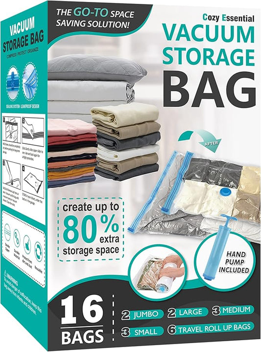 16 Pack Vacuum Storage Bags, Space Saver Bags (2Jumbo/2Large/3Medium/3Small/6Roll) Compression Storage Bags for Comforters and Blankets, Vacuum Sealer Bags for Clothes Storage, Hand Pump Included-NeatNest