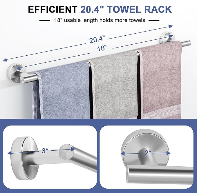 Brushed Nickel Towel Bar, 18 Inch Towel Racks for Bathroom Wall Mounted, SUS304 Stainless Steel Bathroom Towel Holder, Total Length 20.4 Inch Towel Bars