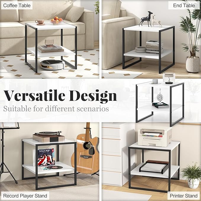 End Table Set of 2, Industrial 2-Tier Side Tables with Open Shelf, 20" Square Coffee Table with Heavy-Duty Metal Frame, Compact Tea Table Nightstand for Living Room, Bedroom, Hallway