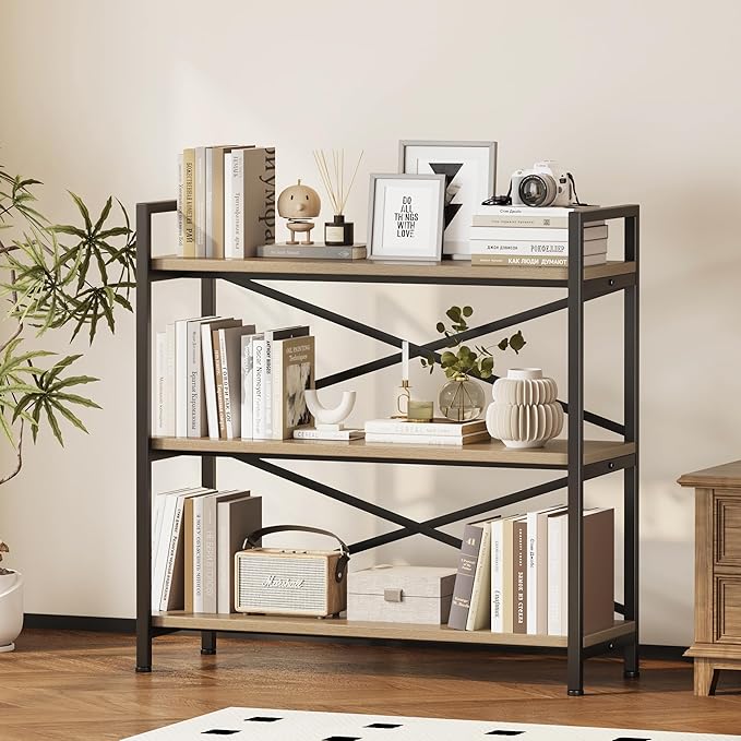 Homeiju 3 Tier Bookshelf 31.49" Width, Wood and Metal Etagere Bookcase, Vintage Farmhouse Modern Wooden Big Book Shelf for Home Living Room Bedroom Office Storage(Light Coffee)