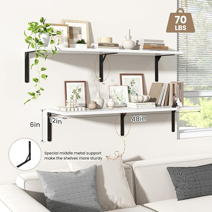 Fun Memories Floating Shelves for Wall, 12 Inch Deep Floating Shelves Set of 2, Wall Mounted Shelf with Metal Brackets, Rustic Wood Wide Shelf for Bathroom, Kitchen and Living Room, White, 48W x 12D-NeatNest