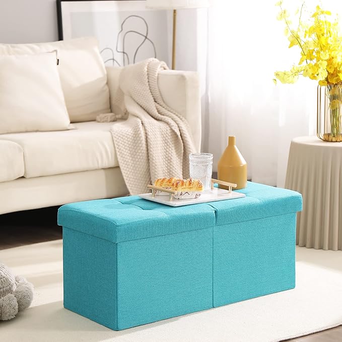 CUYOCA Storage Ottoman Bench Foldable Seat Footrest Shoe Bench End of Bed Storage with Flipping Lid, 75L Storage Space, 30 inches Linen Fabric Teal Blue-NeatNest