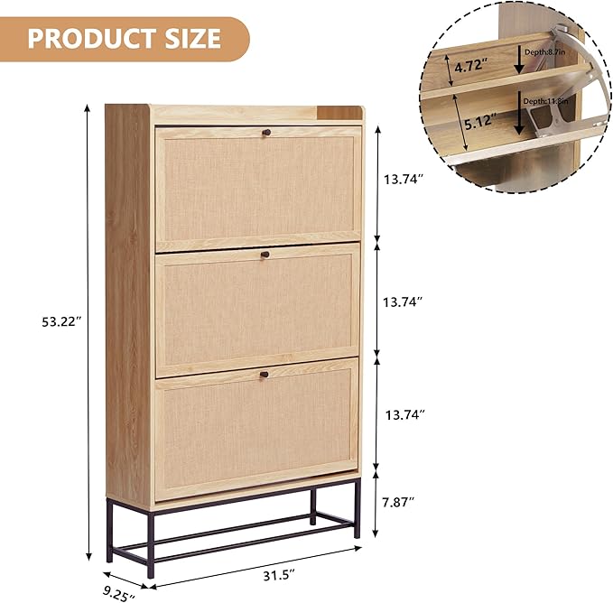 AVZEAR Narrow Shoe Storage Cabinet with 3 Flip Drawers, Freestanding Shoe Organizer Wooden Closed Shoe Rack, Slim Shoe Cabinet Storage for Entryway, Hallway, Living Room (Natural)-NeatNest