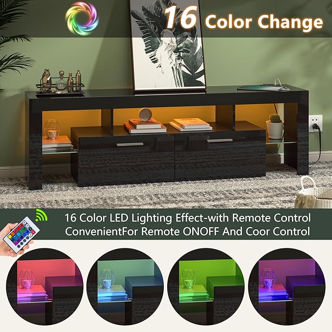 Clikuutory Modern LED Black 67 inch TV Stand with Power Outlet and Large Storage for 40 50 55 60 65 70 75 Inch TVs, Wood TV Console with High Glossy Entertainment Center for Living Room, Bedroom-NeatNest