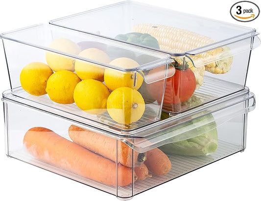 SIMPLEMADE Clear Refrigerator Organizer Bins - Clear Bins for Fridge, Containers for Fridge and Freezer, Multipurpose Storage for Kitchen, Office, Bathroom, Pack of 3 (Design 2)