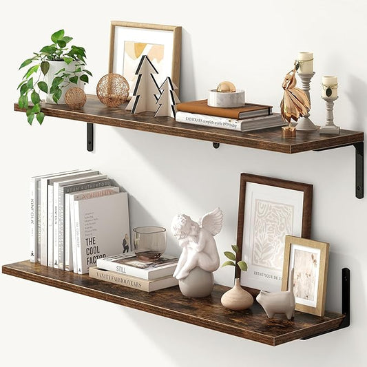 Fun Memories Deep Floating Shelves, 36W x 8D Floating Shelves Set of 2, Wall Mounted Shelf with Metal Brackets, Rustic Wood Wall Shelf for Bathroom, Kitchen and Living Room, Rustic Brown-NeatNest