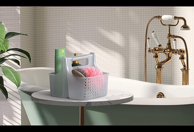 Brookstone, Portable Shower Caddy, Bathroom Organizer Basket, Perfect Size for Dorm/College, Plastic Bath Tote, Dries Quickly with Drainage Holes, Soft Grip Carrying Handle, Frosted Clear