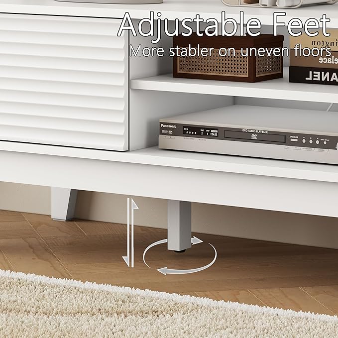 Fluted TV Stand for 55 65 Inch TV, Mid Century Modern Entertainment Center with Shelves, Cabinets & Sliding Doors, TV Media Console Table with Wood Feet & Cord Holes for Living Room, Bedroom, White-NeatNest