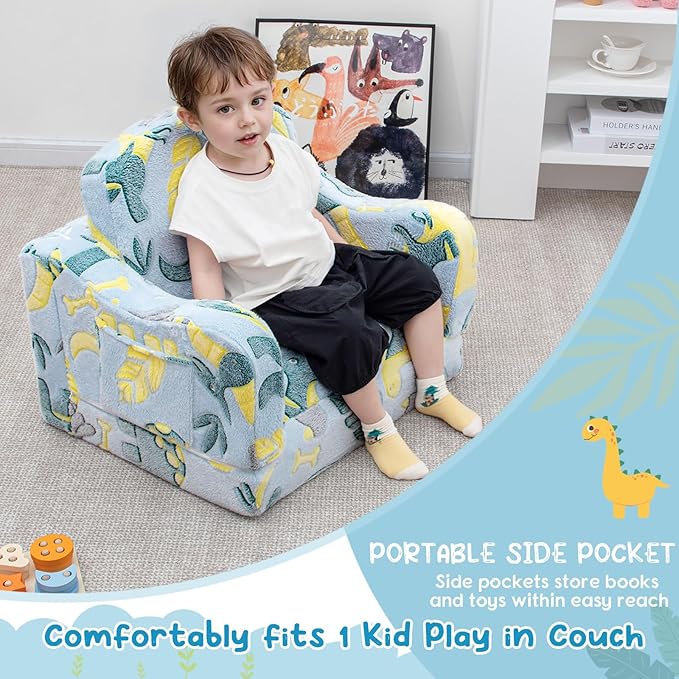 Comfy Toddler Chair and Couch for Kids with Blanket,2-in-1 Soft Plush Fold Out Toddler Couch for Girls and Boys,Convertible Sofa to Lounger for Playroom,Glowing Dinosaur-NeatNest