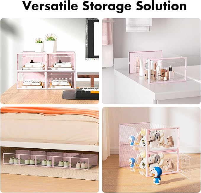 Shoe Storage Box, 15 Pack Clear Plastic Stackable Shoe Organizer for Closet, Interlocking Design Shoe Container Bins for Sneakers, Foldable Shoe Rack with Lids, Pink-NeatNest