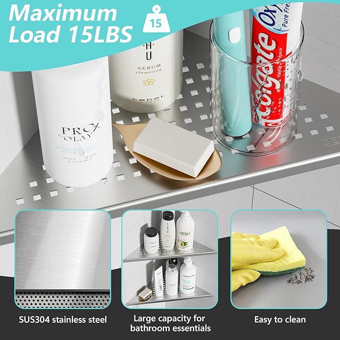 Corner Shower Shelves, 10” Recessed Tile Shower Shelf Brushed Nickel, 304 Stainless Steel Grout in Corner Tile Bathroom Shelves, No Drilling, 2 Pack-NeatNest