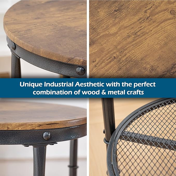 VINGLI 20" Side Table, Round End Tables Living Room, Industrial Small End Table with Metal Mesh, Rustic Farmhouse Side Tables for Bedroom, Office, Corner, Walnut
