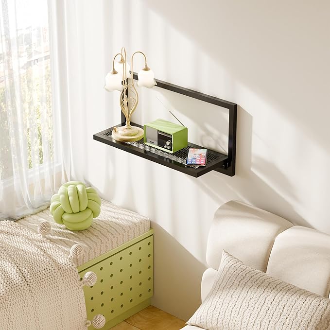 16 Inch Folding Wall Shelf - Modern Iron Foldable Wall Shelf with Mesh Panel, Ideal for Home Decor in Bathroom, Kitchen, Bedroom, Office & Living Room