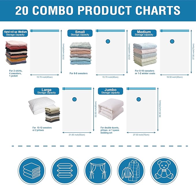 20 Pack Vacuum Storage Bags, Space Saver Bags (4 Jumbo/4 Large/4 Medium/4 Small/4 Roll) Compression for Comforters and Blankets, Sealer Clothes Storage, Hand Pump Included-NeatNest