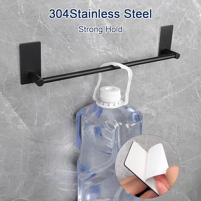 NearMoon Self Adhesive Bathroom Towel Bar- Stainless Steel Bath Wall Shelf Rack Hanging Towel Stick On Sticky Hanger Contemporary Style, NO Drilling (2 Pack, Matte Black, 12-Inch Towel Rack)