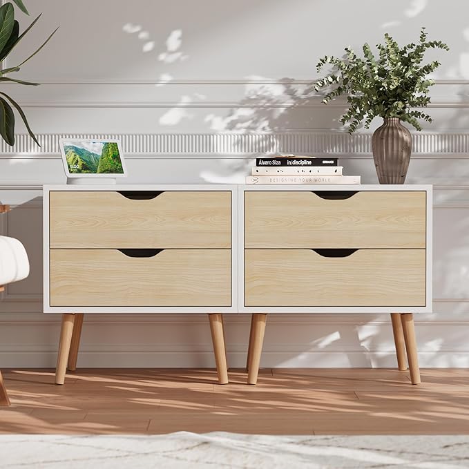 End Table Set of 2 with Storage Drawers, Modern Small Sofa Side Table, Nightstand Accent Wooden Bedside Table with Solid Wood Legs for Living Room,White/Oak
