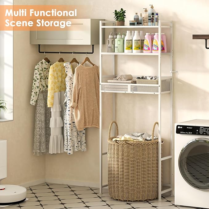 3-Tier Over The Toilet Storage Shelf, Metal Over Toilet Bathroom Organizer with Dividers, Freestanding Bathroom Space Saver Rack with Adjustable Shelf & Feet, White