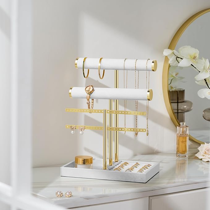 3 Tier Bracelet Holder Display - Detachable T Bar White Velvet Bracelet Holder, Jewelry Holder Organizer for Bracelet, Necklace, Earrings, Rings