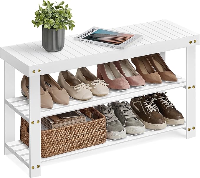 SONGMICS Shoe Rack Bench, 3-Tier Bamboo Shoe Storage Organizer, Entryway Bench, Holds Up to 286 lb, 11.3 x 35.4 x 17.8 Inches, for Entryway Bathroom Bedroom, Cloud White ULBS090W01-NeatNest