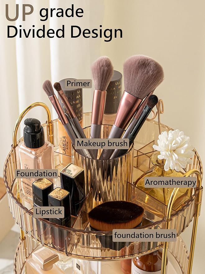 360 Rotating Makeup Organizer,3 Tier Large Capacity Make Up Organizers and Storage,Skincare Perfume Vanity Organizers,Bathroom Cosmetics Storage Organizer Countertop(Gold)-NeatNest