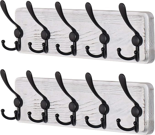 Dseap Coat Rack Wall Mounted - 5 Tri Hooks, Heavy Duty, Wooden Wall Coat Hanger Coat Hook for Clothes Hat Jacket Clothing, White & Black, Pack of 2