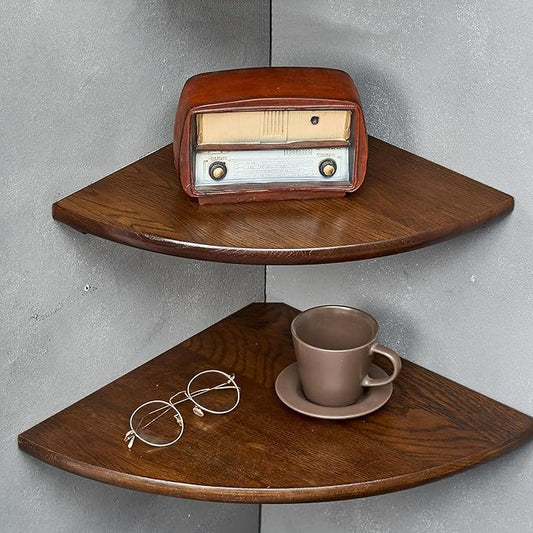 Corner Shelves, Floating Corner Shelf, Set of 2 12inch Solid Oak Wood Corner Wall Shelves, Round End with Wire Hole for Small Plant for Bedroom Kitchen, Living Room-NeatNest