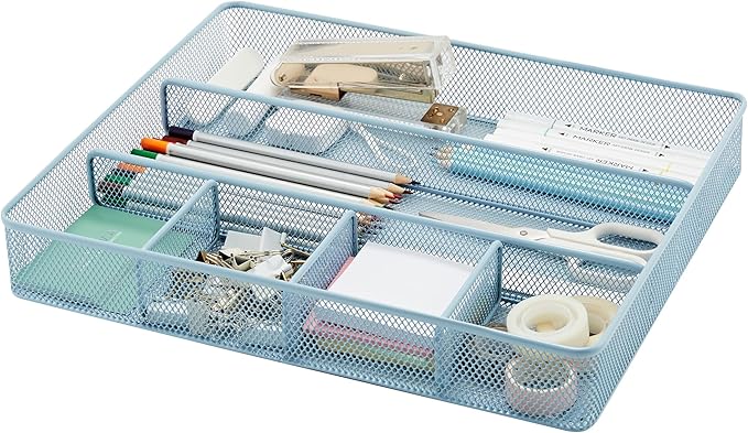 Annova Desk Top Organizer/Storage Tray - Metal Mesh with Dividers for Pens, Desktop Accessories, Bathroom, Kitchen, Makeup and Office Supplies (Large, Morandi Blue)-NeatNest
