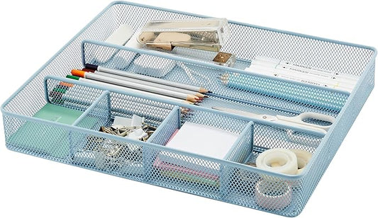 Annova Desk Top Organizer/Storage Tray - Metal Mesh with Dividers for Pens, Desktop Accessories, Bathroom, Kitchen, Makeup and Office Supplies (Large, Morandi Blue)-NeatNest