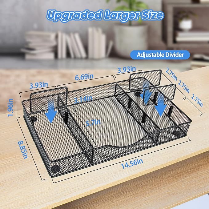 Desk Drawer Organizer, Metal Mesh Drawer Organizer Tray with 6 Adjustable Compartment, Tray Organizer for Desktop, Kitchen, Bathroom, Makeup, Vanity - 14.5x8.8x1.96 inch, Black, 1PC Large-NeatNest