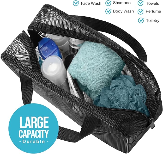Mesh Shower Caddy Mash Shower Bag Black Portable Mesh Accessories Organizer Tote for Gym College Dorm Room (Black-Large)-NeatNest