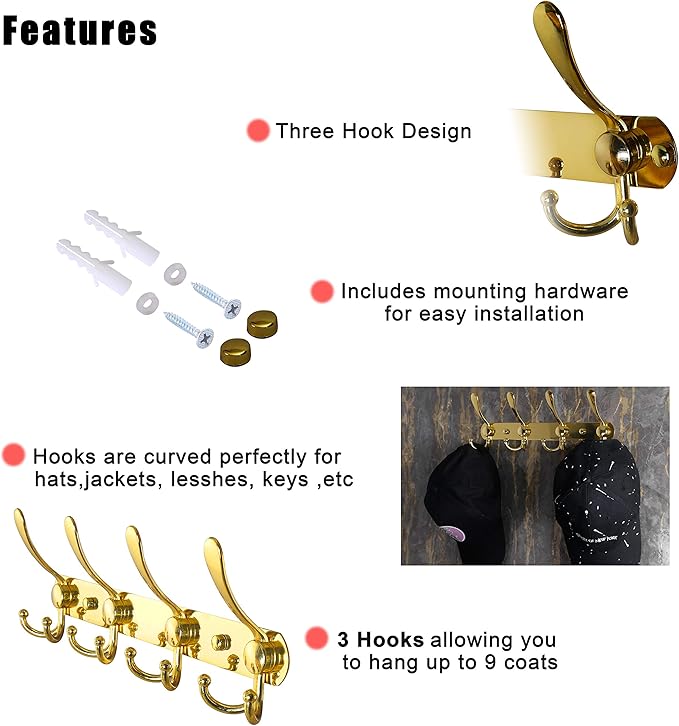 Dseap Coat Rack Wall Mounted - 5 Tri Hooks, Heavy Duty, Stainless Steel, Metal Coat Hook Rail for Coat Hat Towel Purse Robes Mudroom Bathroom Entryway (Gold, 2 Packs)-NeatNest