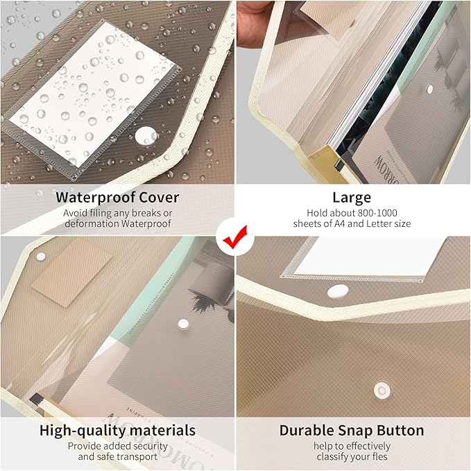 Expanding File Folder Document Organizer with Snap Button, Waterproof Transparent Document Bag, 2.8" Expansion, Letter A4 Expandable File Folder for Home School Office Organization，5 Pack