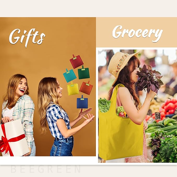 BeeGreen Foldable Travel Bag Reusable Shopping Bags for Groceries - 6 Pack Large Collapsible Bags - Lightweight Machine Washable Tote Bags - Colorful Kitchen Grocery Bags (Red, Orange, Green)-NeatNest