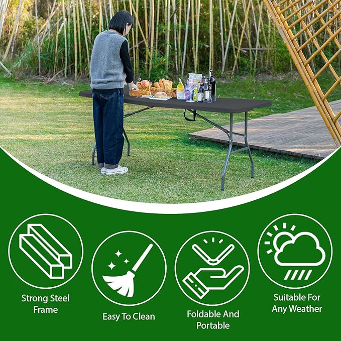 6 Foot Folding Table Small Table Multipurpose Indoor Outdoor Heavy Duty Camping Table Portable Picnic Table Fold-in-Half Utility Dining Table Lock for Picnic,Party,Camping,Black-NeatNest