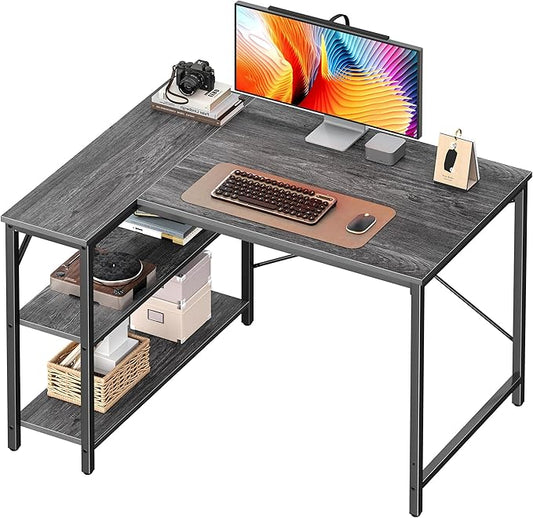 Huuger L Shaped Desk, 39 Inches Computer Desk with Reversible Storage Shelves, for Gaming Corner Home Office Writing Study, Metal Frame, Gray-NeatNest