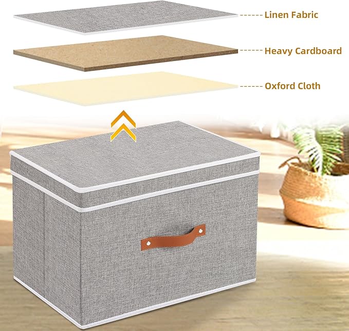 Collapsible Storage Bins with Lids, 3 Pack Linen Foldable Cloth Baskets, 15 x 9.8 x 9.8 Inch Closet Organizer Containers with Double Handles, Sweater Boxes for Bedroom, Grey-NeatNest