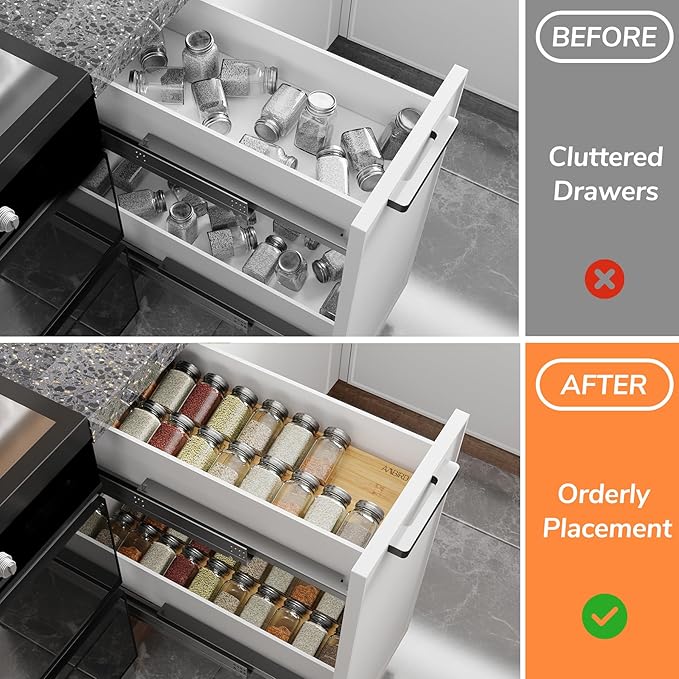 AMBIRD Bamboo Spice Drawer Organizer with Non-slip Mat,4 Tier Jar Spice Rack Tray 9.5'',Seasoning Organizer for Kitchen,Cabinet,Drawers,Countertop-NeatNest