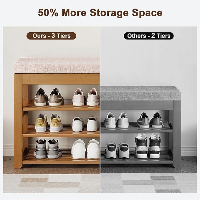 47.2 in Shoe Rack Bench with Cushion, 3 Tier Bamboo Entryway Bench with Storage for Entryway, Hallway, Bedroom, Living Room-NeatNest