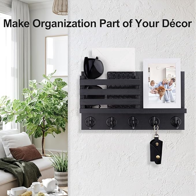 Key Holder for Wall – Decorative Wooden Mail Holder and Key Shelf with Mounting Hardware, Installation Guide – Paulownia Wood with 5 Metal Key Hooks (11.8” x 6.7” x 2.8”)