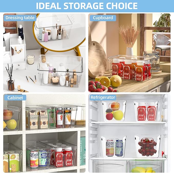 4 Pack Plastic Storage Bins with Lids, Clear Stackable Organizer with Handle, Kitchen Pantry Organizers and Storage, Perfect for Pantry, Refrigerator, Fridge, Bathroom, Cabinet, Closet, Kitchen-NeatNest