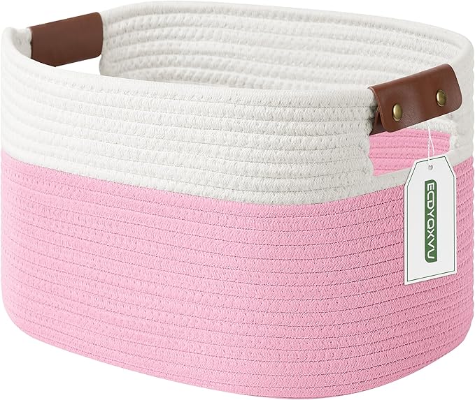 Cotton Rope Basket , Storage Baskets with Handle, 15x10x9 Inch Woven Basket for Shelves, Laundry, Towels, Clothes, Books, Toys (White/Pink 1Pack)-NeatNest