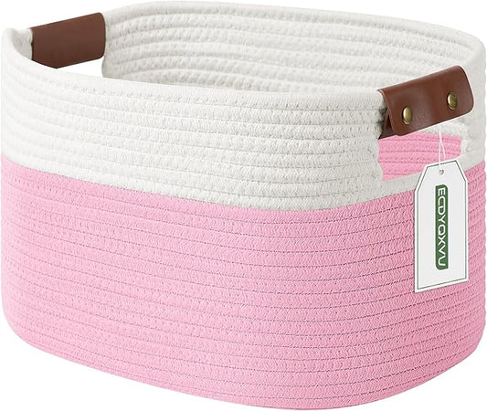 Cotton Rope Basket , Storage Baskets with Handle, 15x10x9 Inch Woven Basket for Shelves, Laundry, Towels, Clothes, Books, Toys (White/Pink 1Pack)-NeatNest