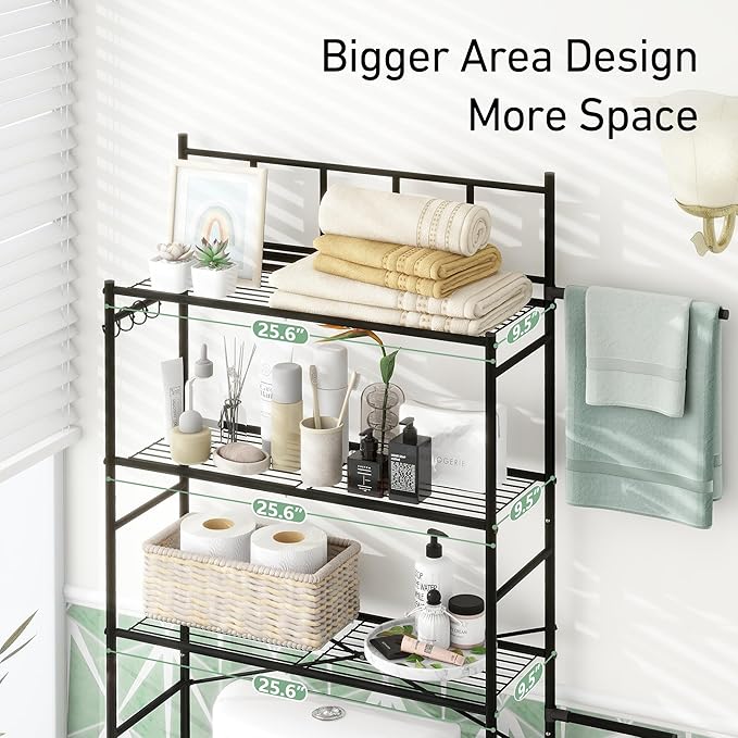 3-Tier Over The Toilet Storage Rack, Freestanding Bathroom Shelves Organizer with Hooks and Toilet Paper Holder, Space Saver Metal Shelf for Small Bathroom, Black