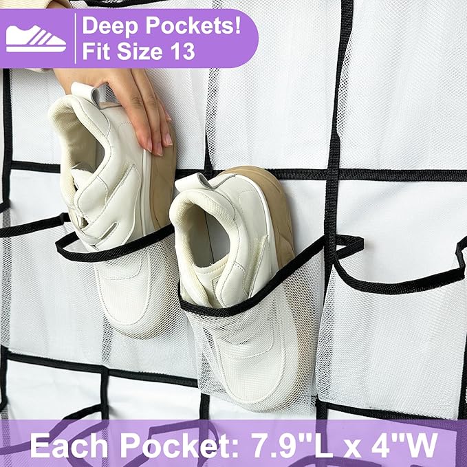 35 Large Pocket Over the Door Shoe Organizer, Extra Sturdy Oxford Fabric Hanging Shoe Rack for Door Closet, Wall Mesh Shoe Storage Holder for Mens Women Shoes (White)-NeatNest