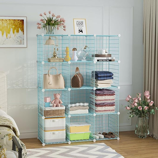 C&AHOME Wire Cube Storage, 12 - Cube Organizer Metal C Grids, Modular Shelves Units, Closet Organizer, Ideal for Home, Office, Living Room, 36.6”L x 12.4”W 48.4”H, Blue UWCS3012B-NeatNest